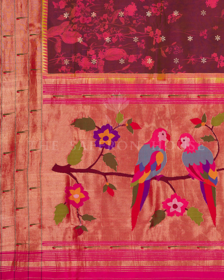 Burgundy Maroon And Brick Red Handwoven Paithani Saree – The Saffron House