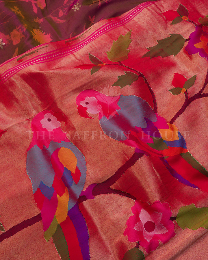 Burgundy Maroon And Brick Red Handwoven Paithani Saree – The Saffron House