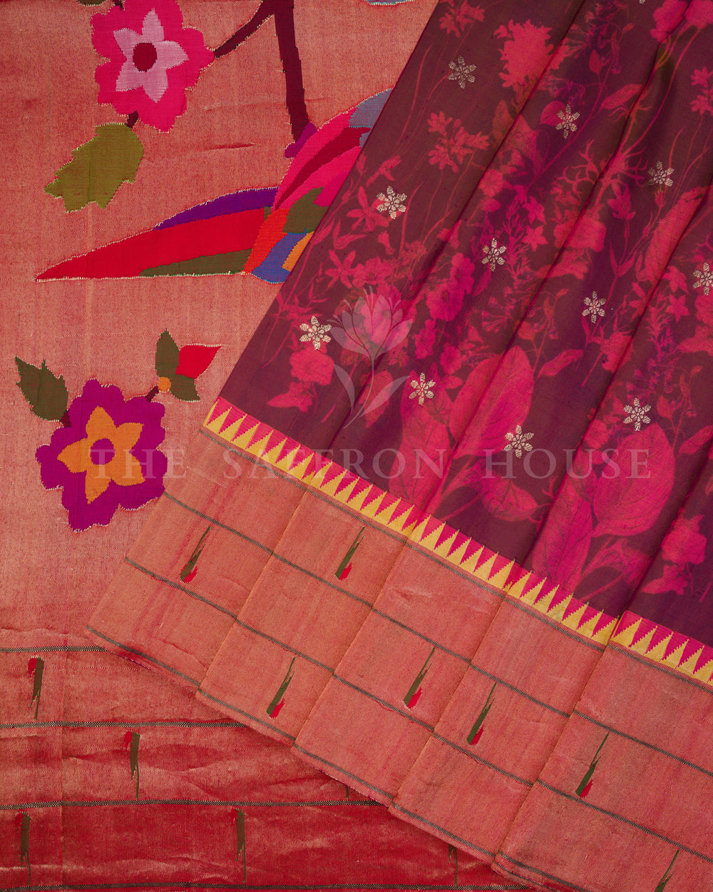 Burgundy Maroon And Brick Red Handwoven Paithani Saree – The Saffron House