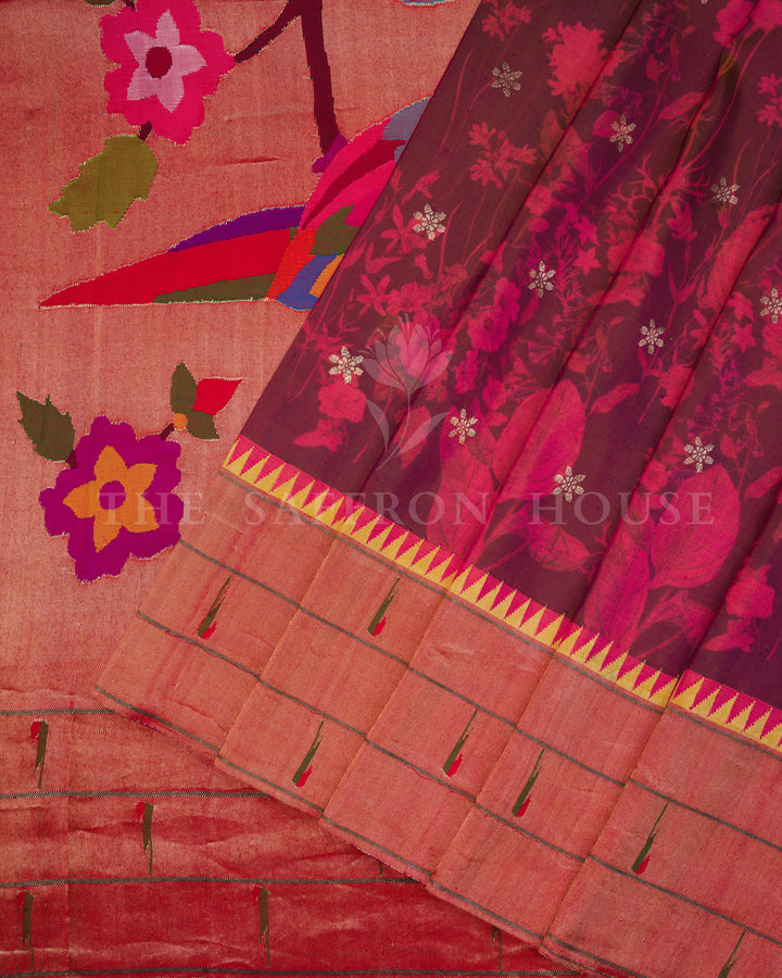 Burgundy Maroon And Brick Red Handwoven Paithani Saree – The Saffron House
