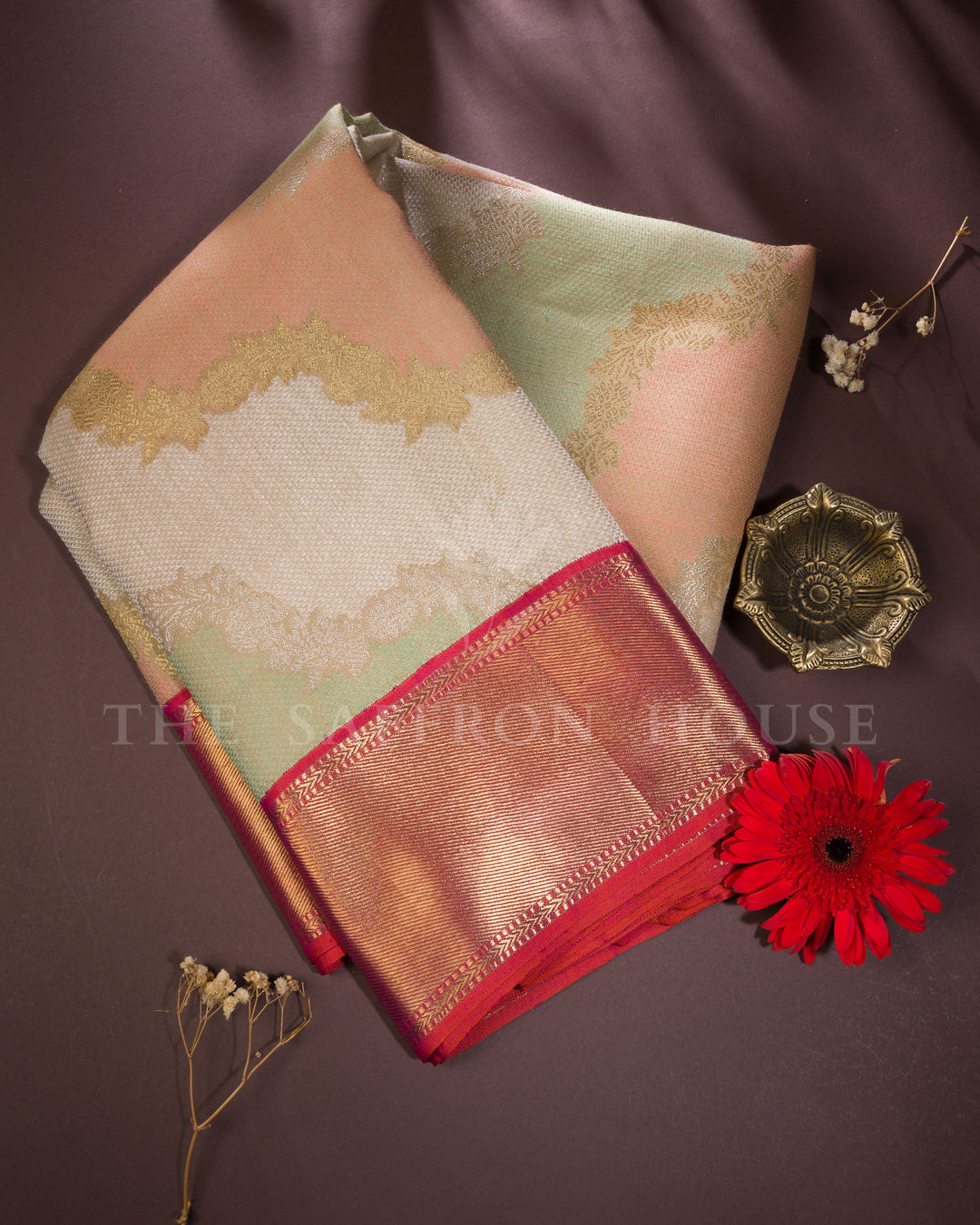 Mint And Ivory Kanjivaram Silk Saree – The Saffron House