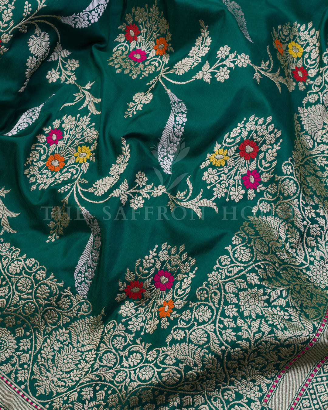 Bottle Green Katan Banarasi Silk Saree – The Saffron House