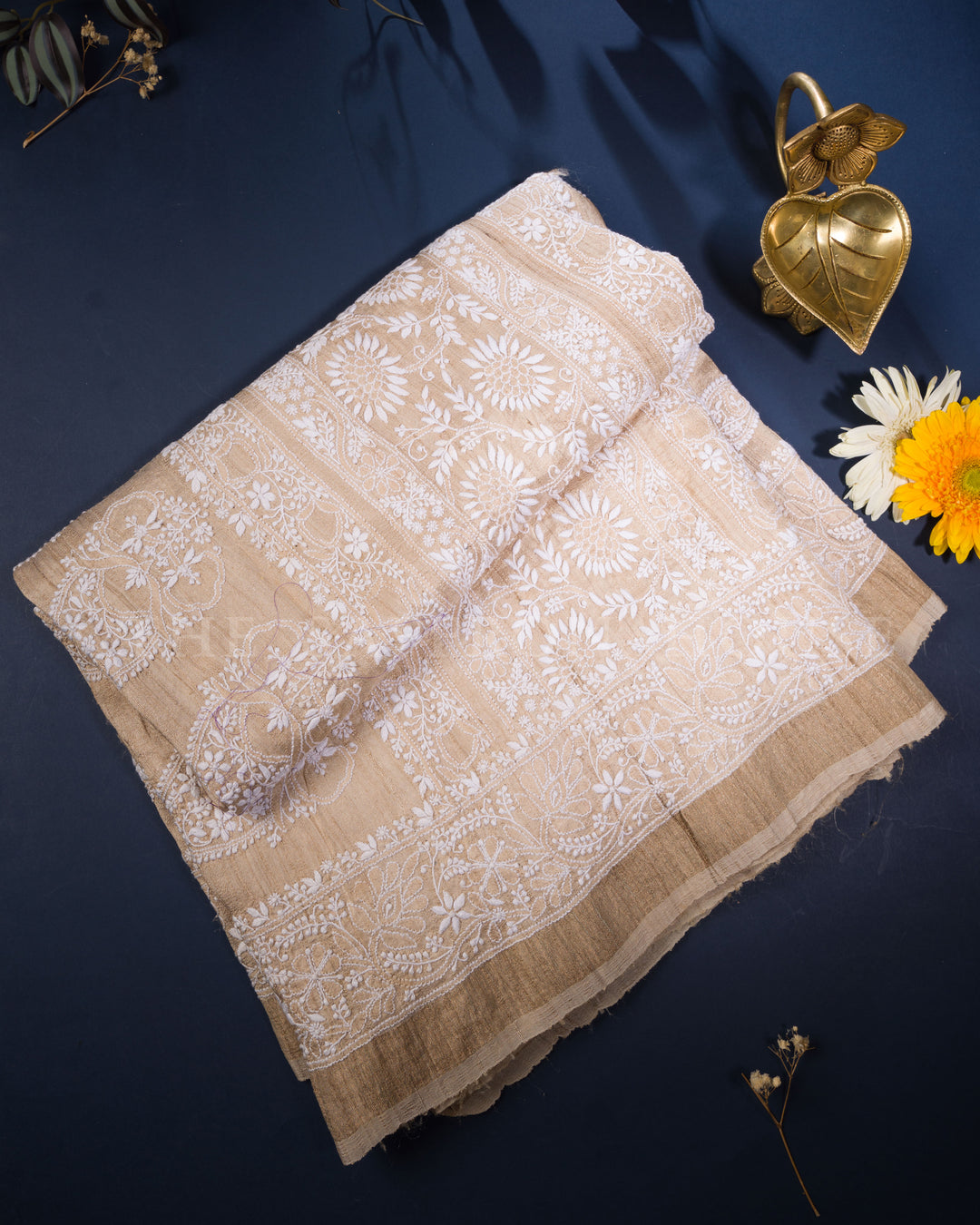Off White Chikankari Tussar Silk Saree – The Saffron House