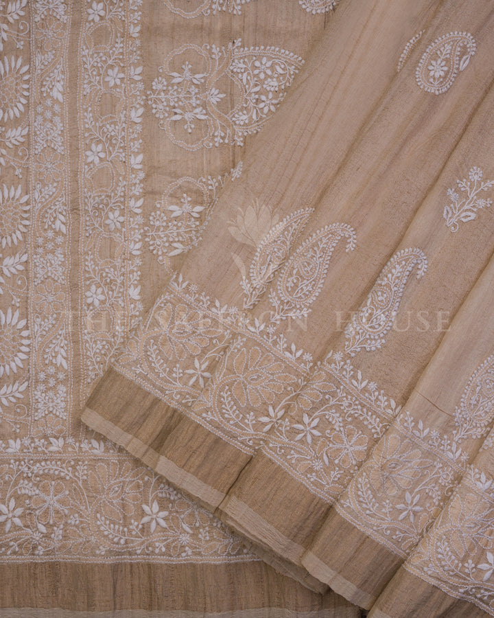 Off White Chikankari Tussar Silk Saree – The Saffron House