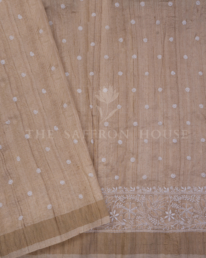 Off White Chikankari Tussar Silk Saree – The Saffron House