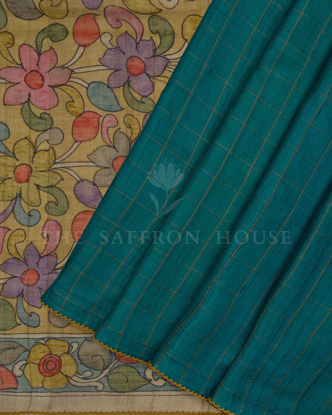 Sea Green Kalamkari Tussar Silk Saree – The Saffron House