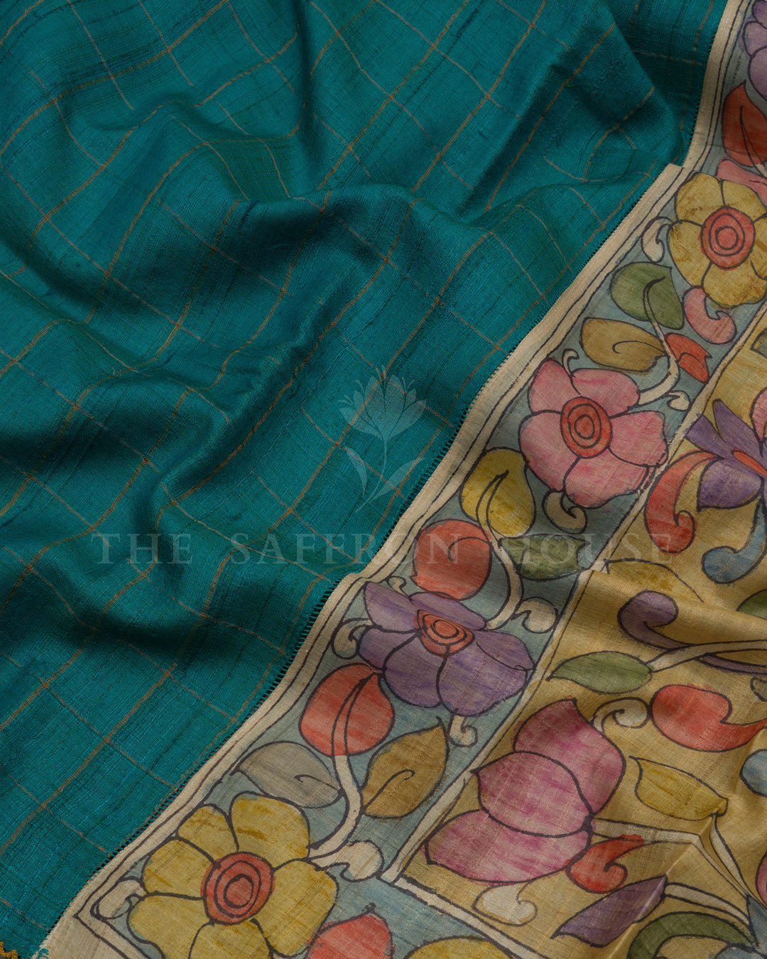 Sea Green Kalamkari Tussar Silk Saree – The Saffron House
