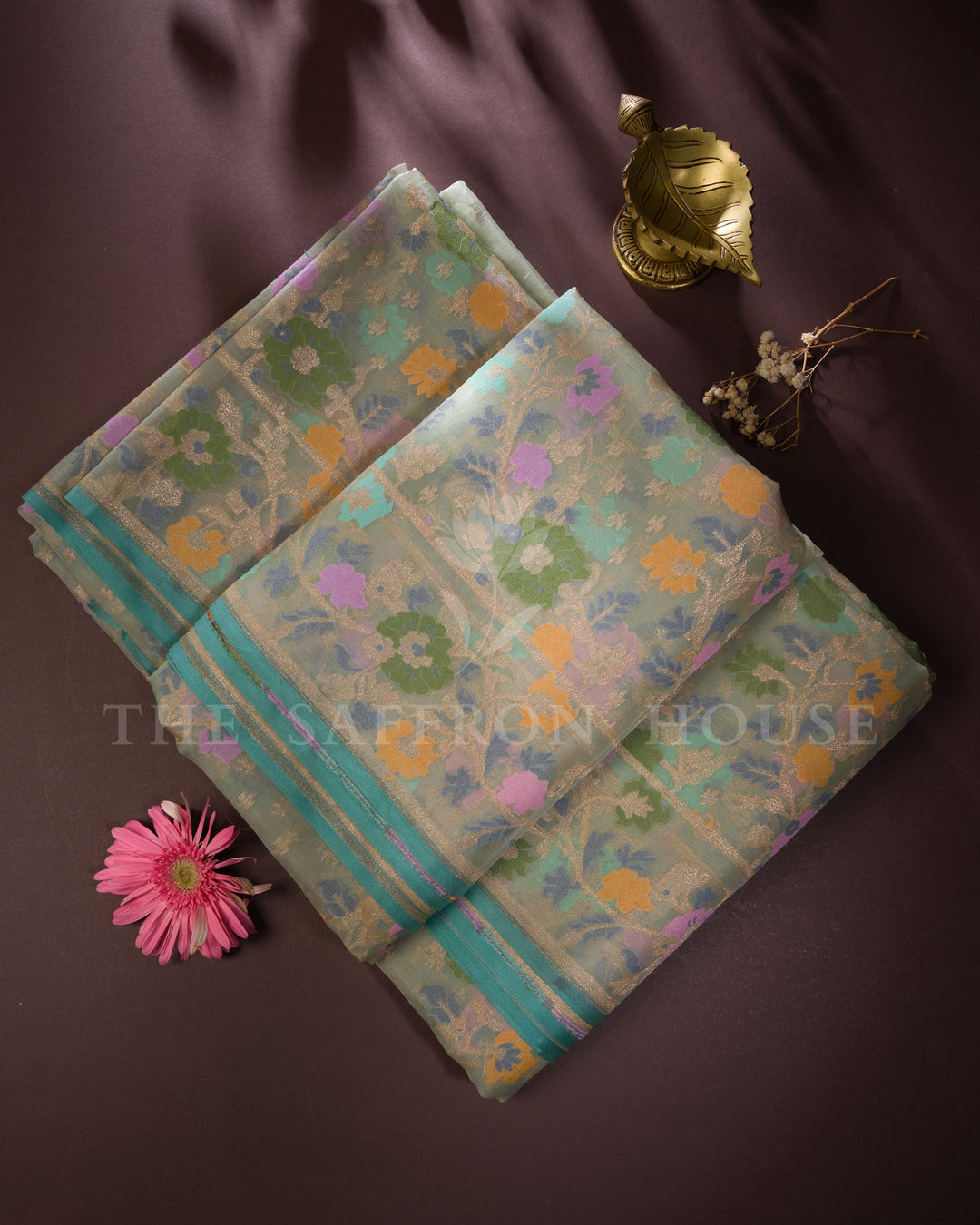 Sage Green And Multicolour Kora Banarasi Silk Saree – The Saffron House