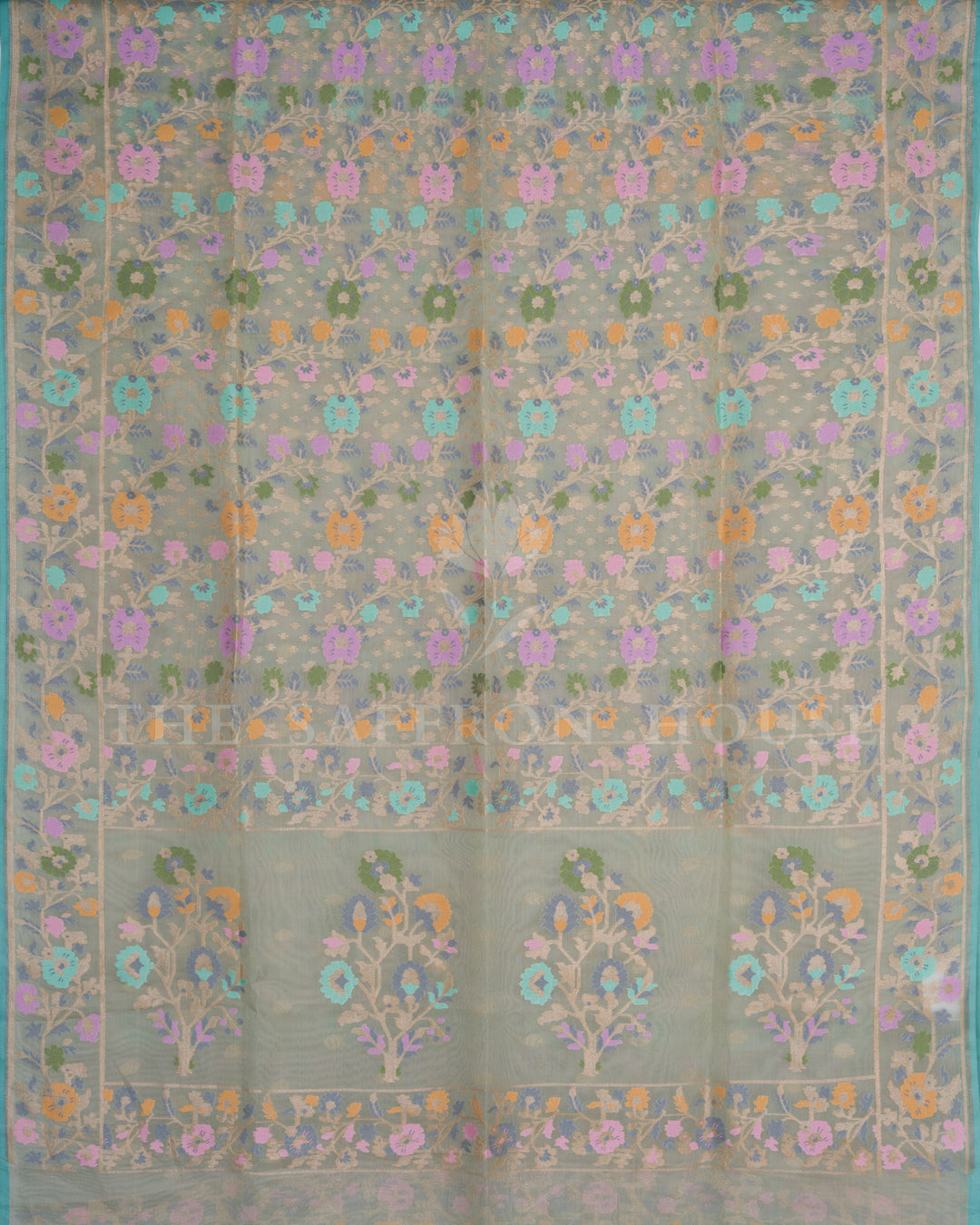 Sage Green And Multicolour Kora Banarasi Silk Saree – The Saffron House