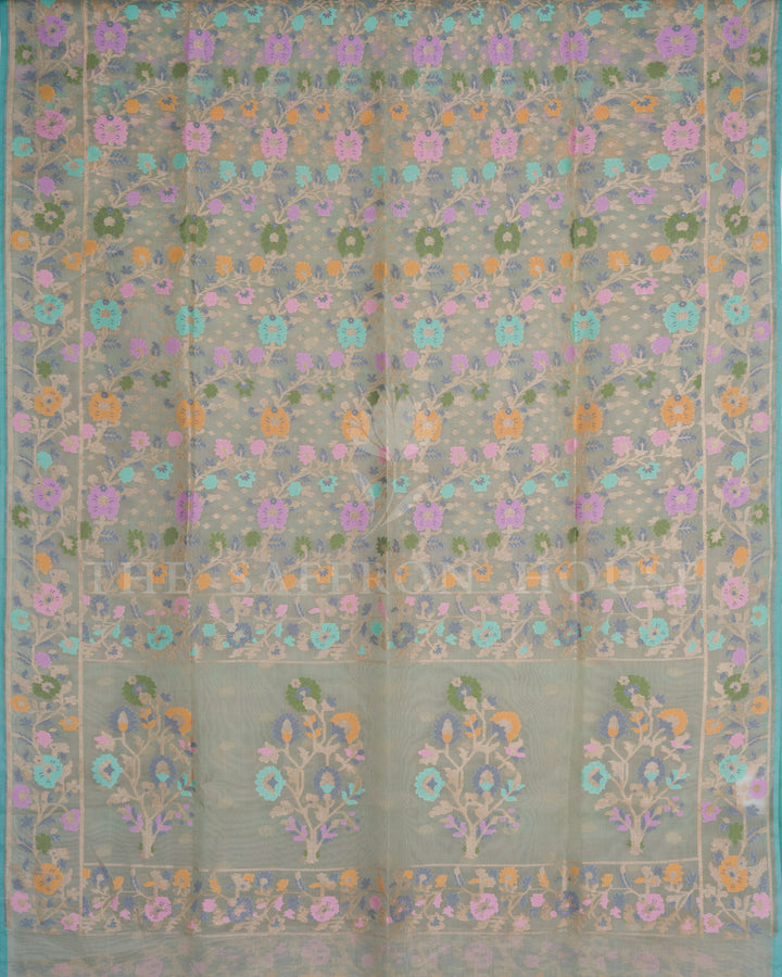 Sage Green And Multicolour Kora Banarasi Silk Saree – The Saffron House