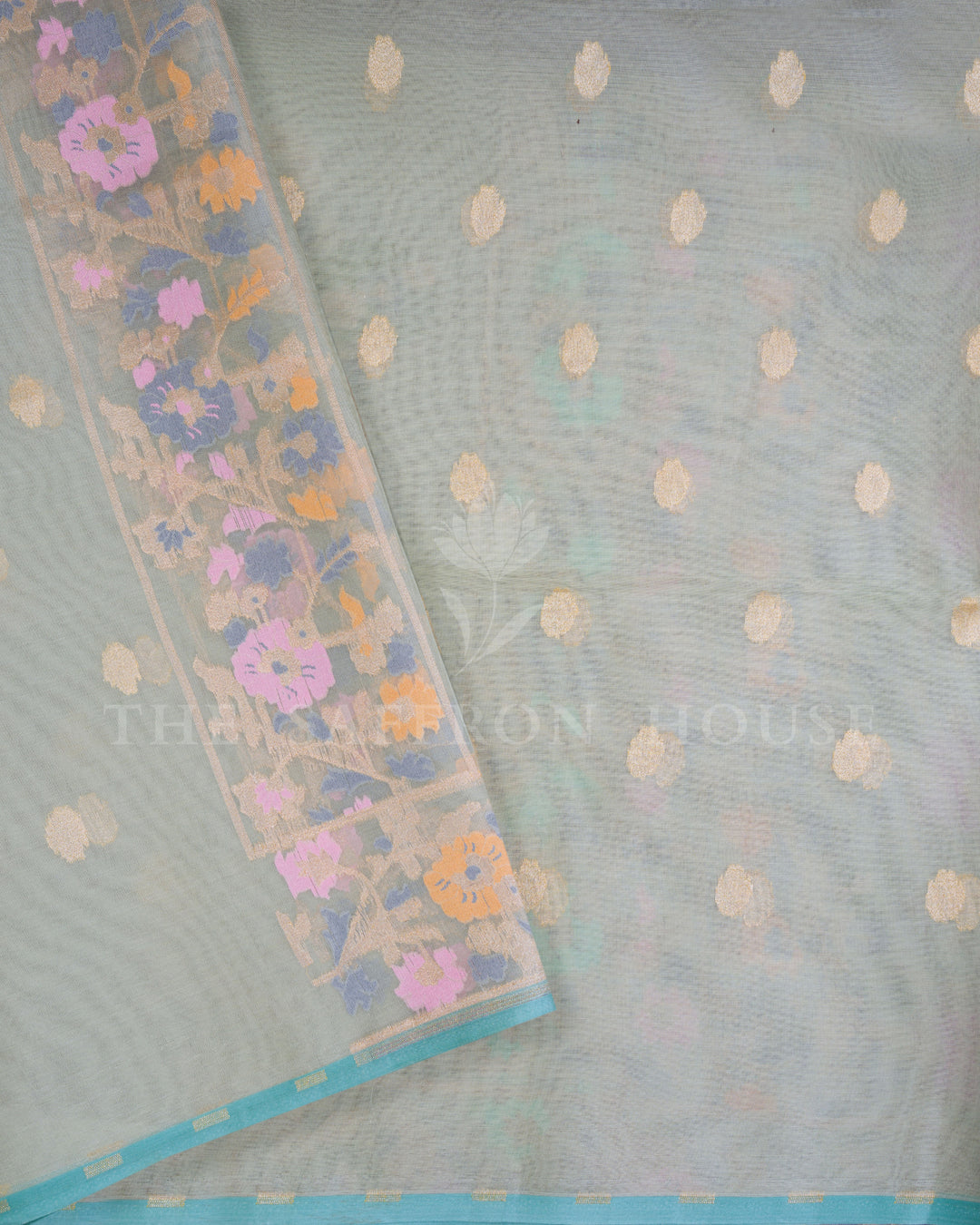 Sage Green And Multicolour Kora Banarasi Silk Saree – The Saffron House