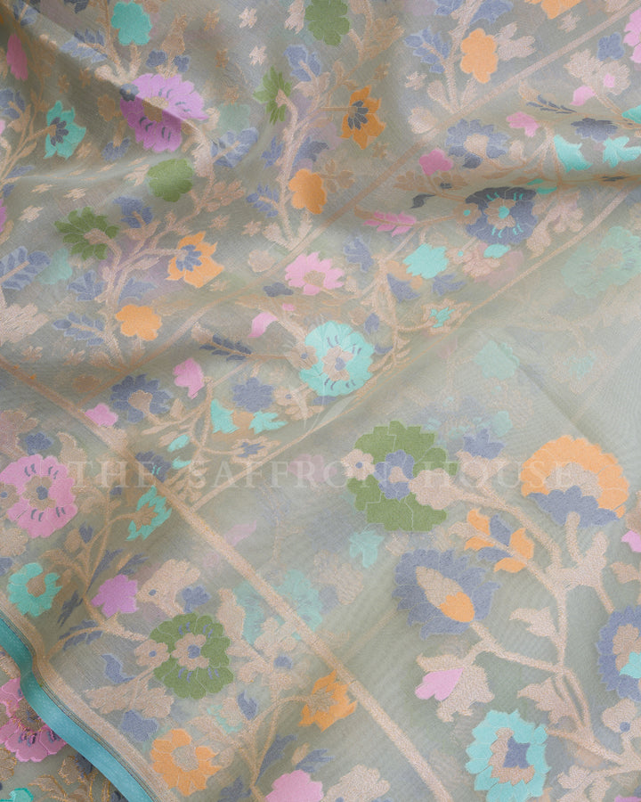 Sage Green And Multicolour Kora Banarasi Silk Saree – The Saffron House