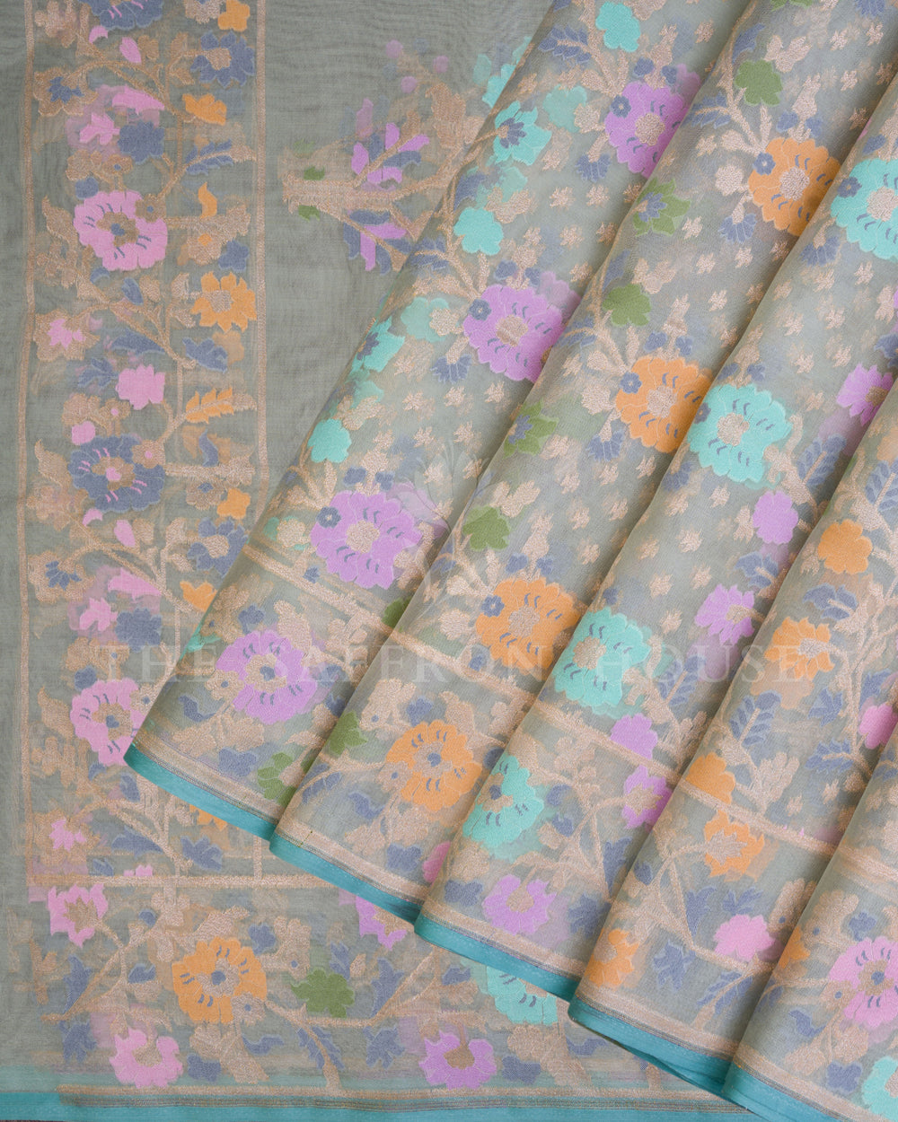 Sage Green And Multicolour Kora Banarasi Silk Saree – The Saffron House