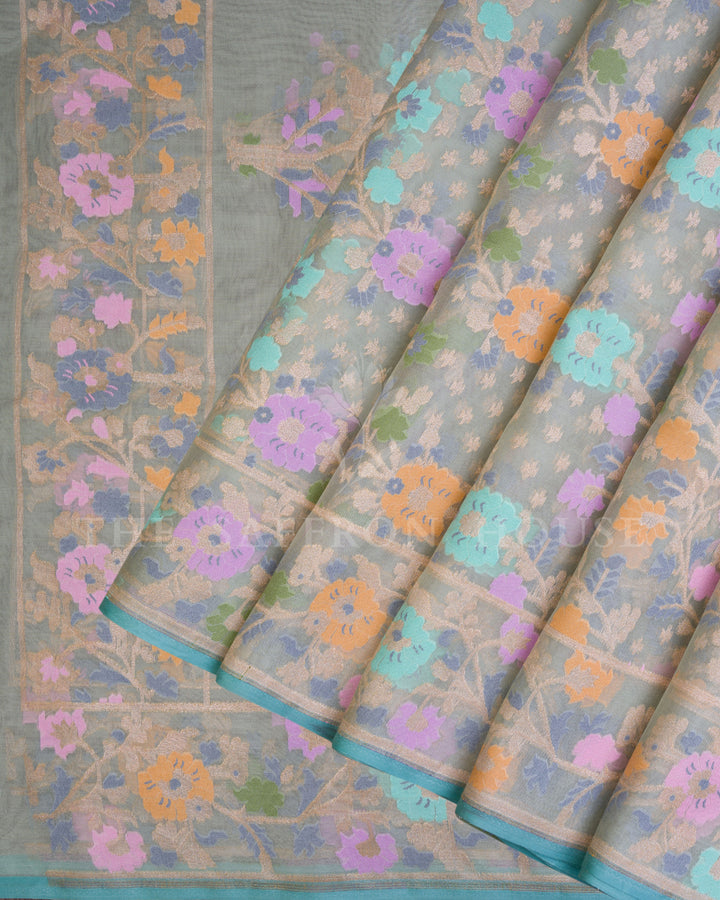 Sage Green And Multicolour Kora Banarasi Silk Saree – The Saffron House