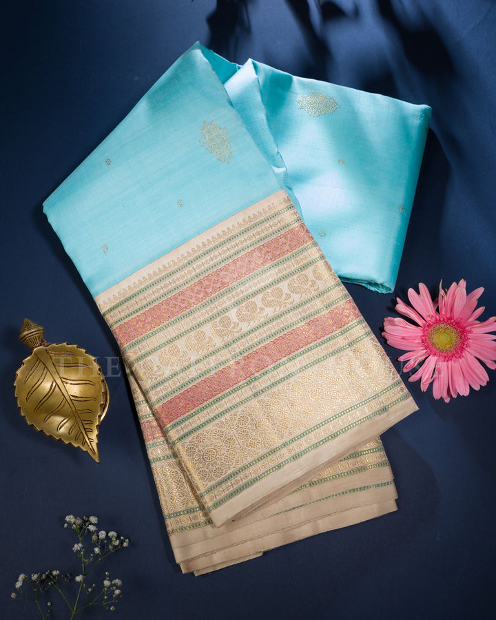 Sky Blue And Sand Beige Kanjivaram Silk Saree – The Saffron House