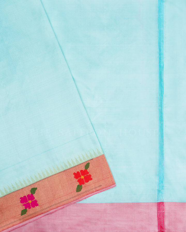 Sky Blue And Red Handwoven Paithani Saree – The Saffron House