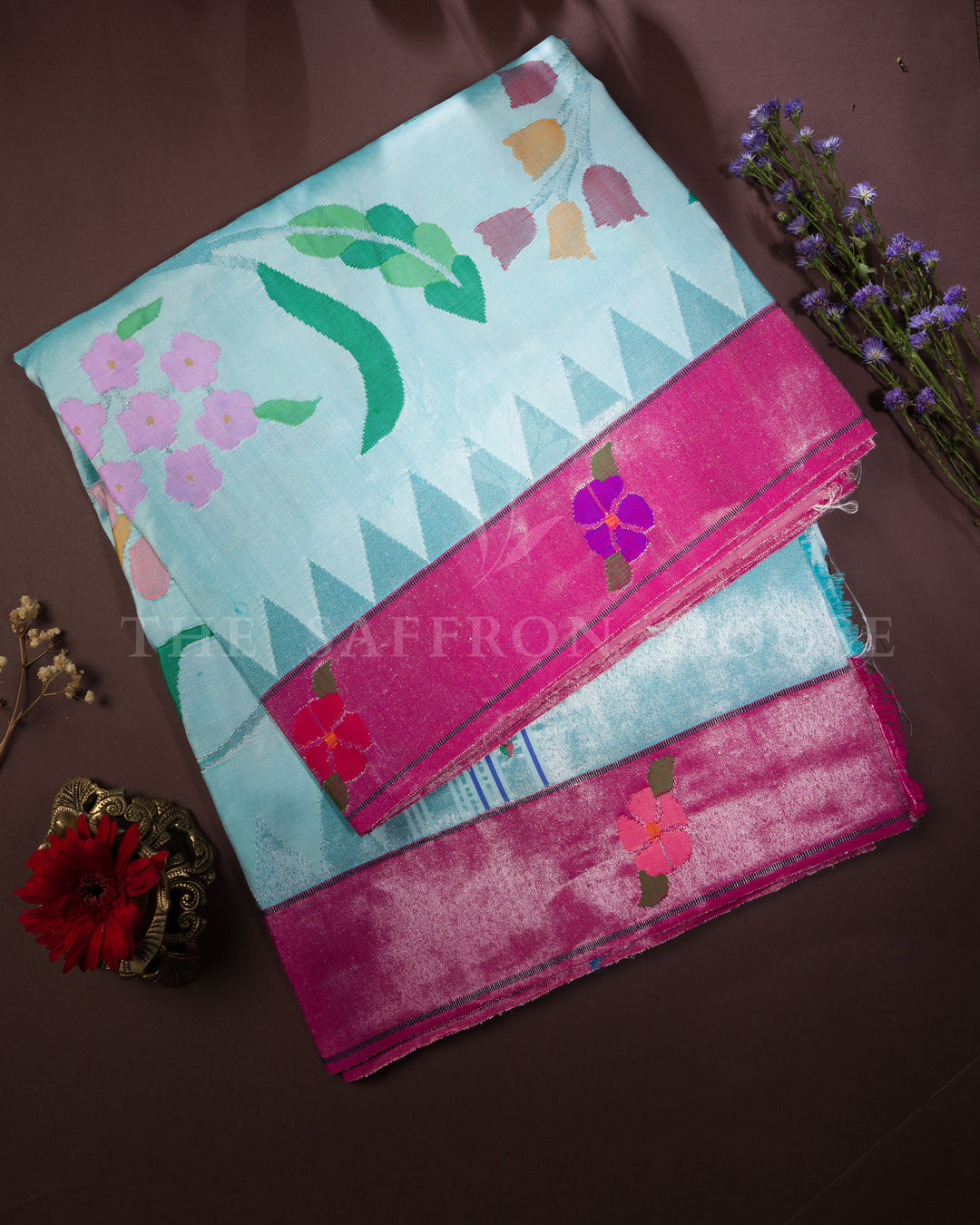 Sky Blue And Pink Handwoven Paithani Saree – The Saffron House