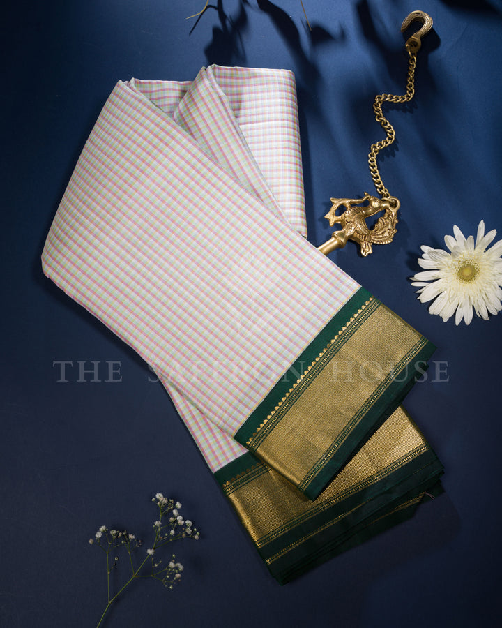 Ivory And Bottle Green Kattam Kanjivaram Silk Saree – The Saffron House