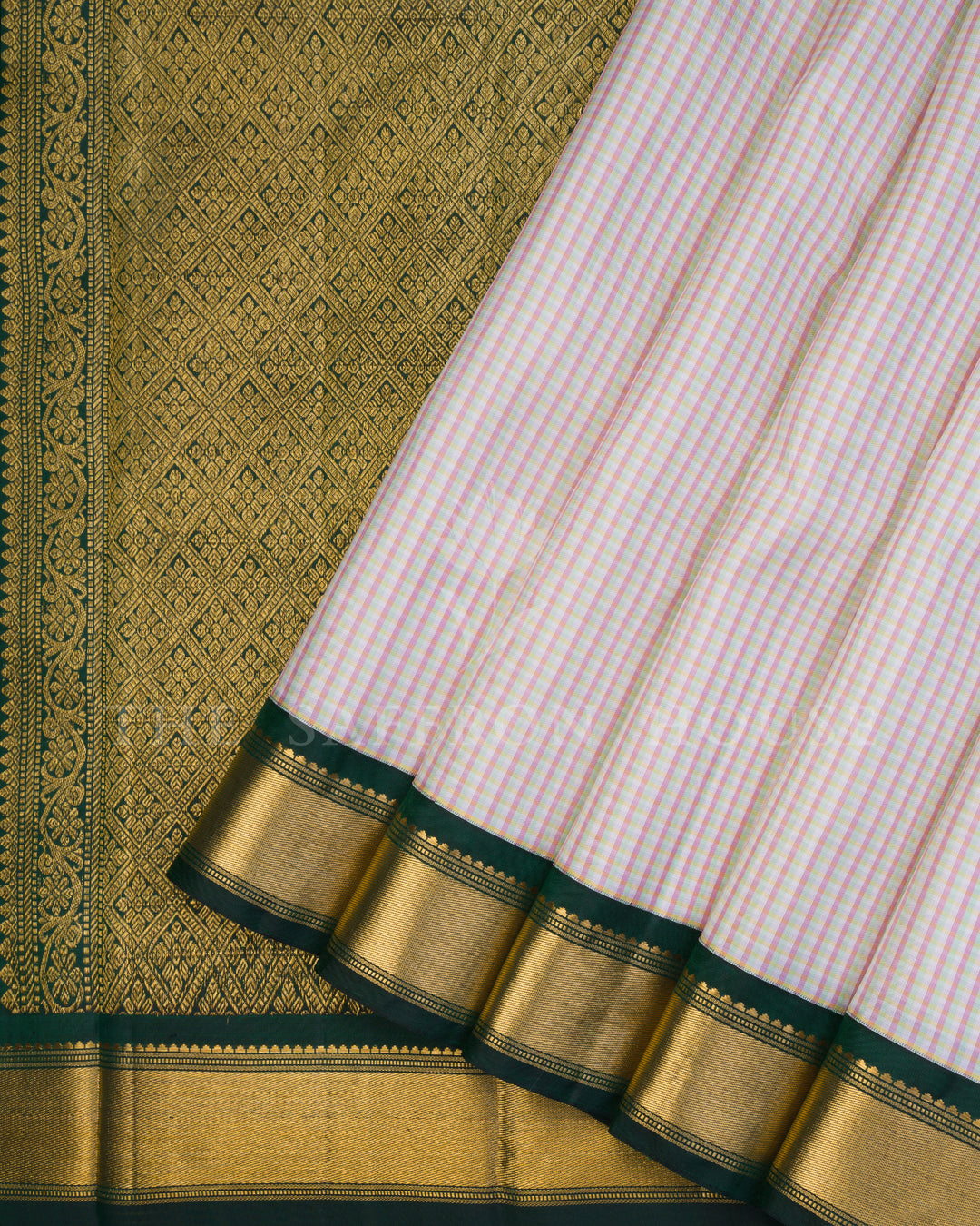 Ivory And Bottle Green Kattam Kanjivaram Silk Saree – The Saffron House