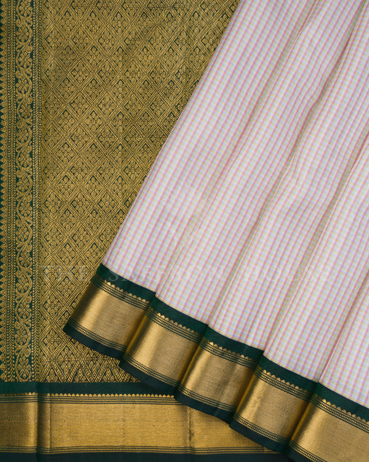 Ivory And Bottle Green Kattam Kanjivaram Silk Saree – The Saffron House