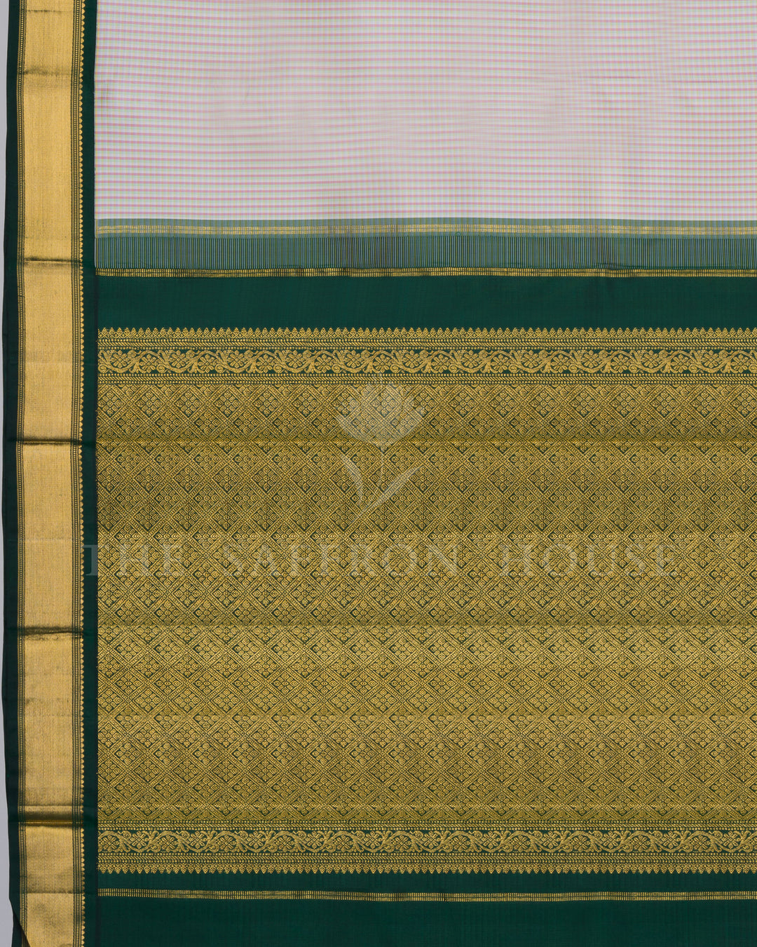 Ivory And Bottle Green Kattam Kanjivaram Silk Saree – The Saffron House