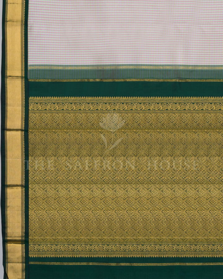 Ivory And Bottle Green Kattam Kanjivaram Silk Saree – The Saffron House