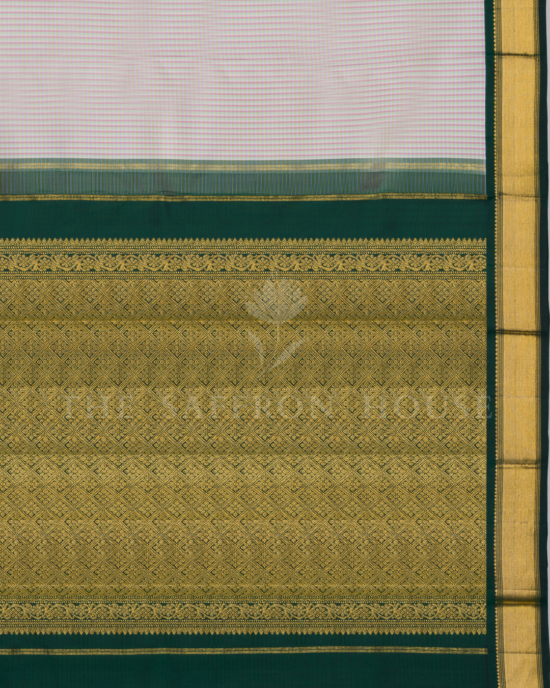 Ivory And Bottle Green Kattam Kanjivaram Silk Saree – The Saffron House