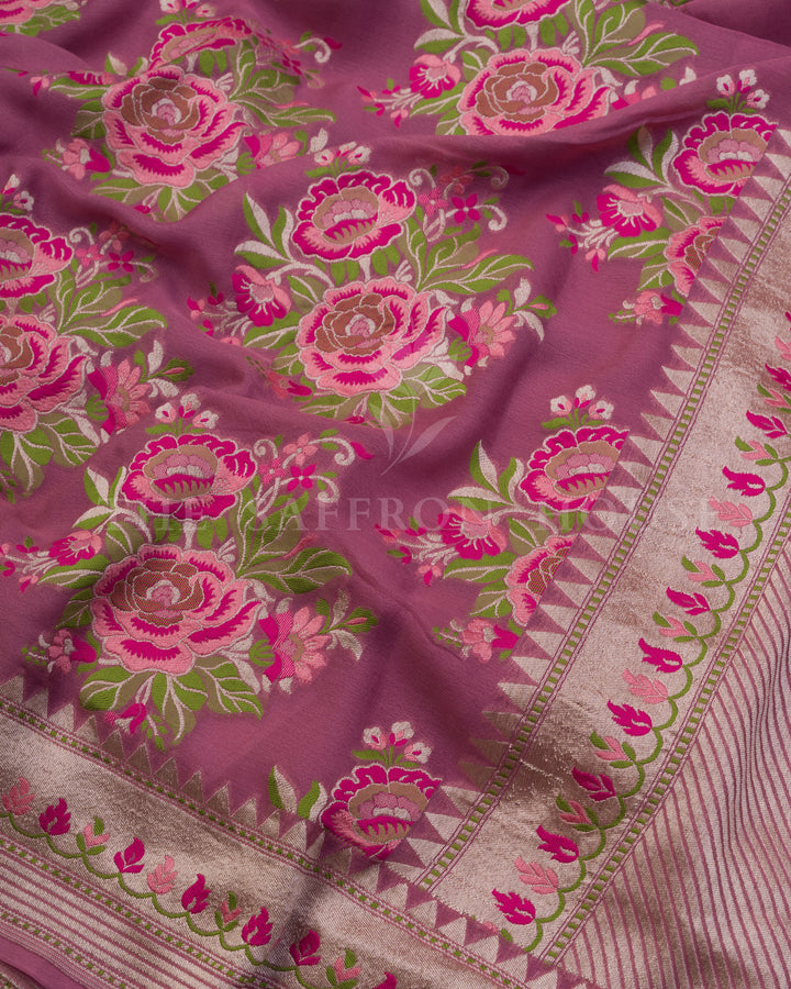 Rose Pink Georgette Banarasi Saree – The Saffron House