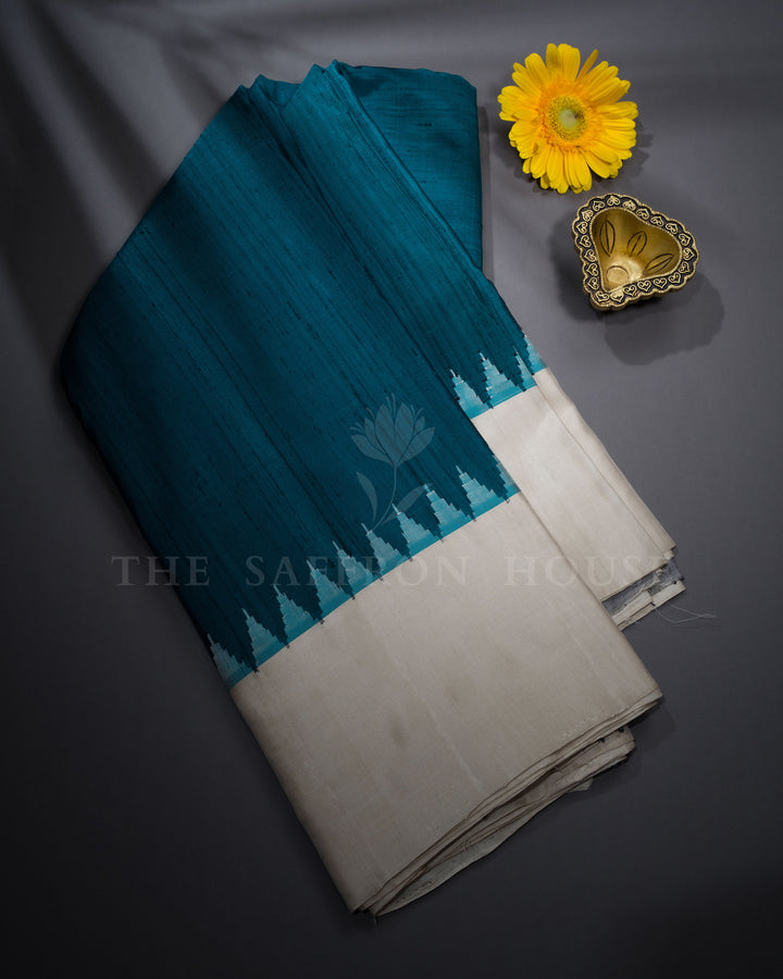 Teal And Sand Beige Gadwal Silk Saree – The Saffron House