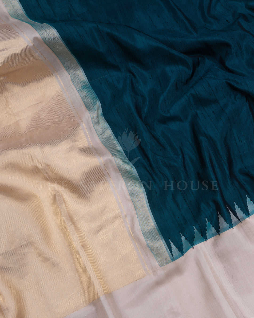 Teal And Sand Beige Gadwal Silk Saree – The Saffron House