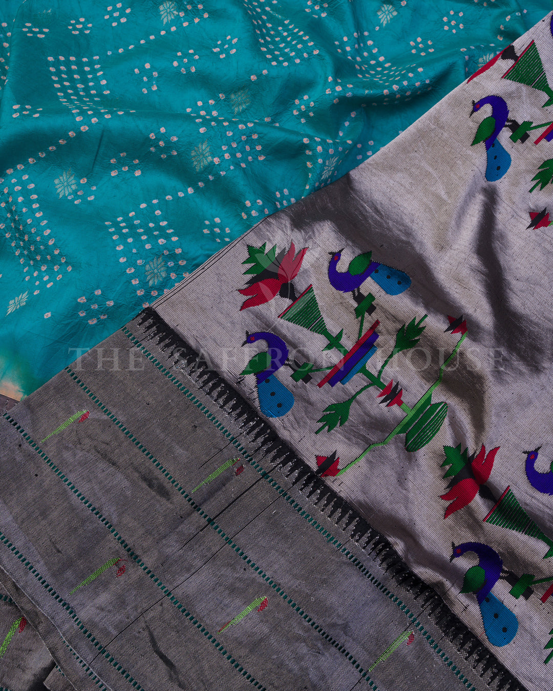 Teal Handwoven Paithani Saree – The Saffron House