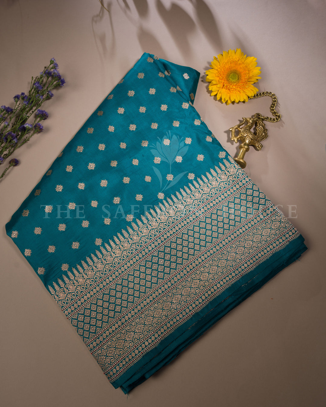 Teal Banarasi Silk Saree – The Saffron House
