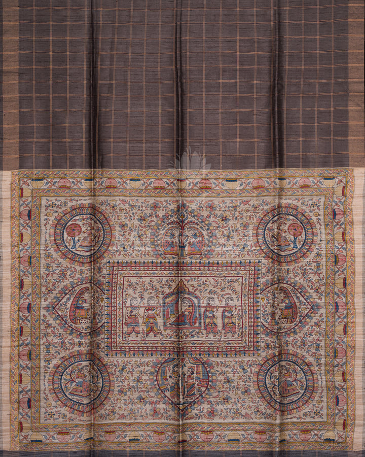 Slate Grey And Multicolour Tussar Silk Saree – The Saffron House