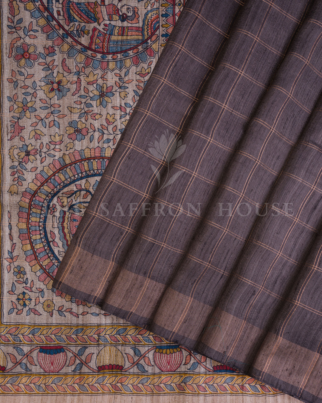 Slate Grey And Multicolour Tussar Silk Saree – The Saffron House