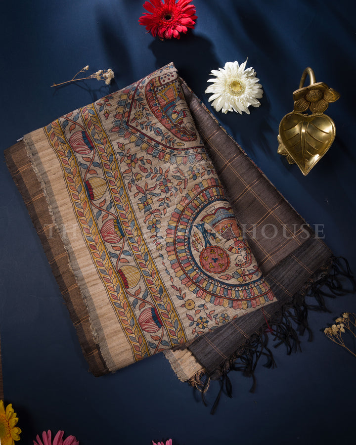 Slate Grey And Multicolour Tussar Silk Saree – The Saffron House