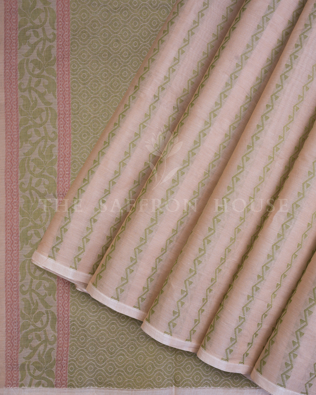 Blush Pink And Sage Green Handwoven Cotton Saree – The Saffron House