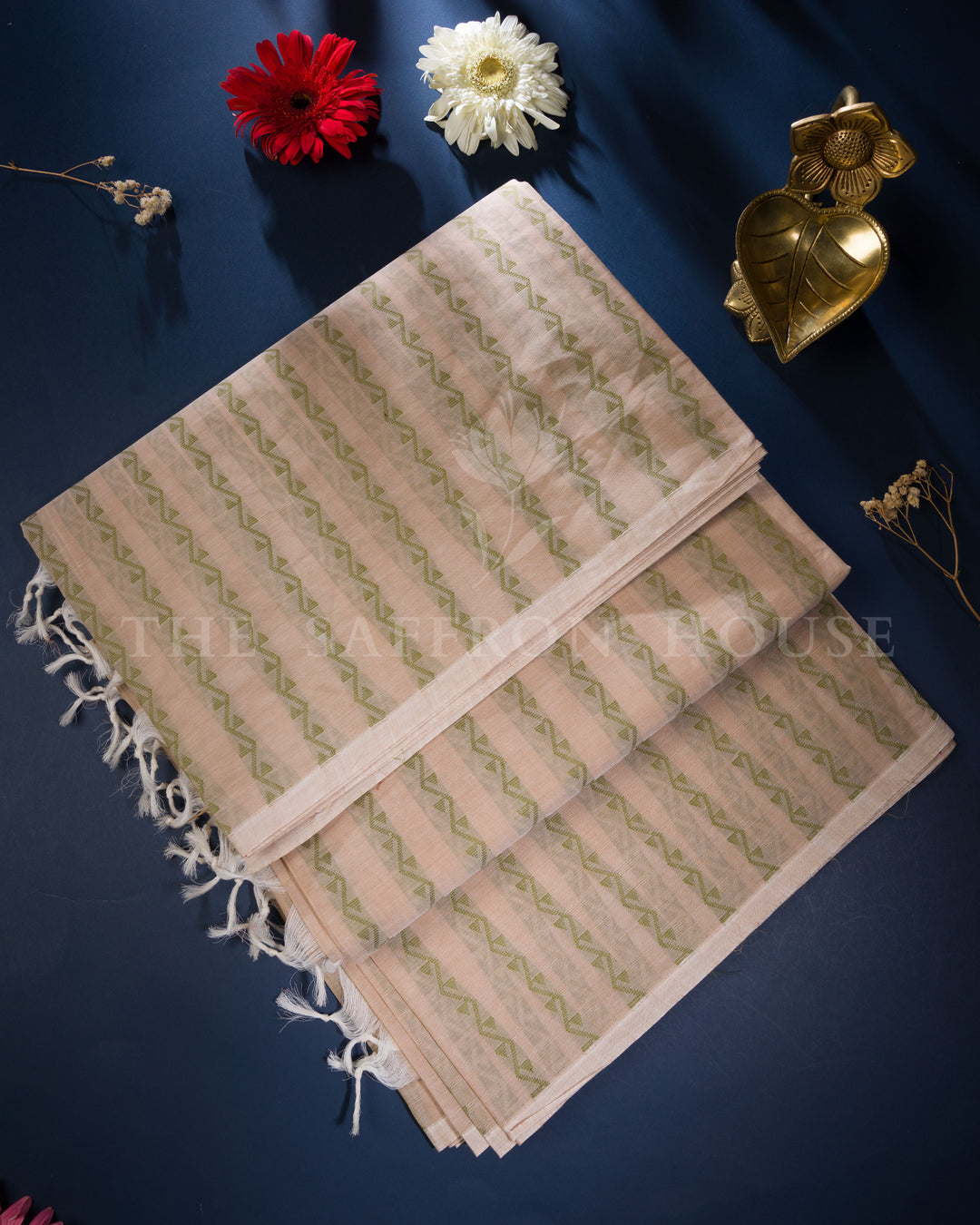 Blush Pink And Sage Green Handwoven Cotton Saree – The Saffron House