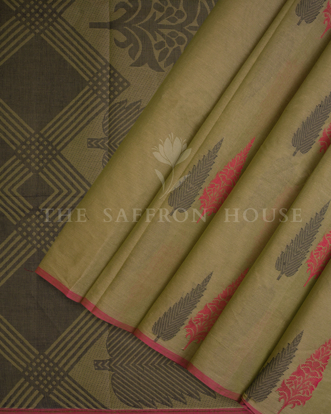 Olive Green And Coral Handwoven Cotton Saree – The Saffron House