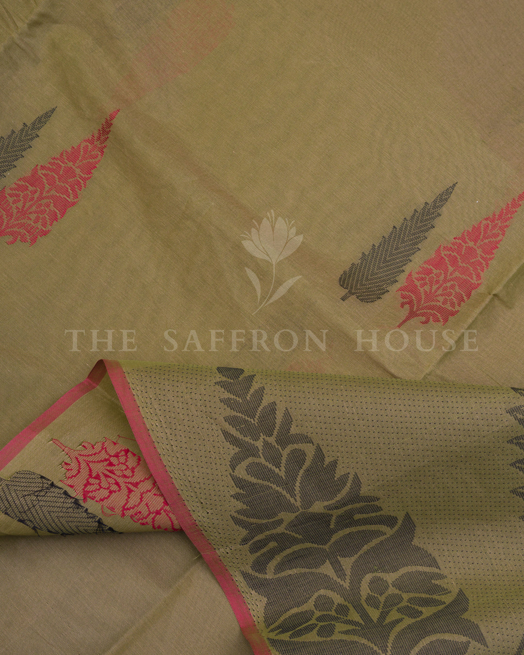 Olive Green And Coral Handwoven Cotton Saree – The Saffron House