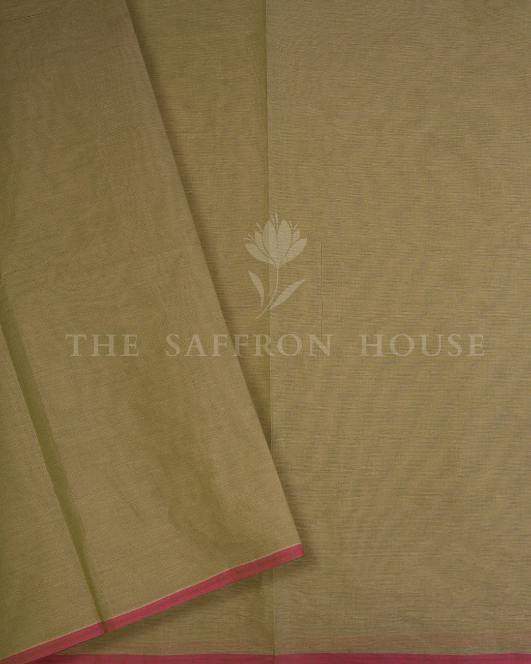 Olive Green And Coral Handwoven Cotton Saree – The Saffron House