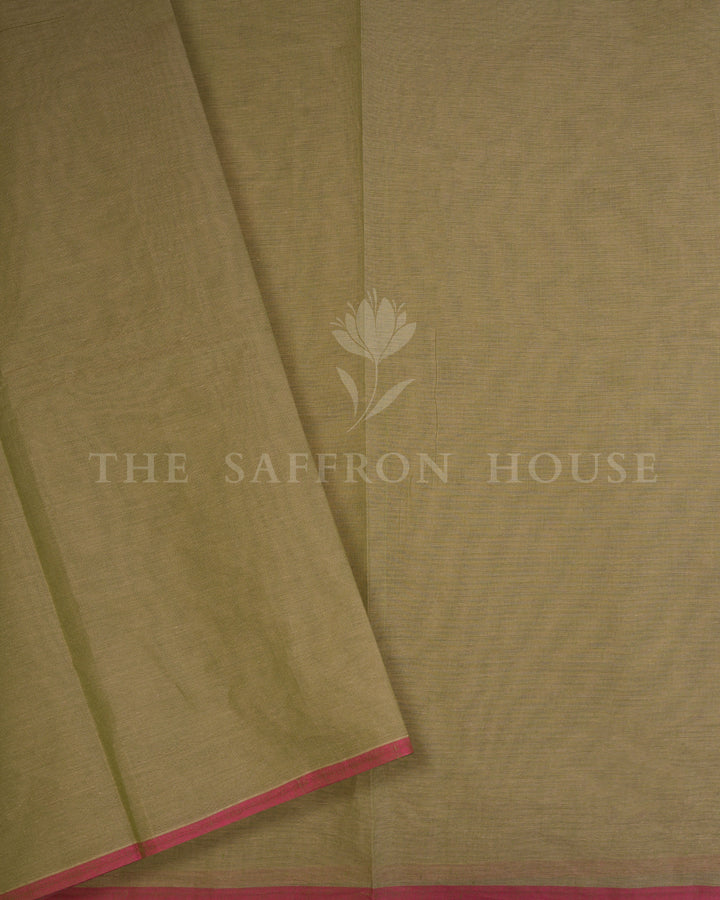 Olive Green And Coral Handwoven Cotton Saree – The Saffron House