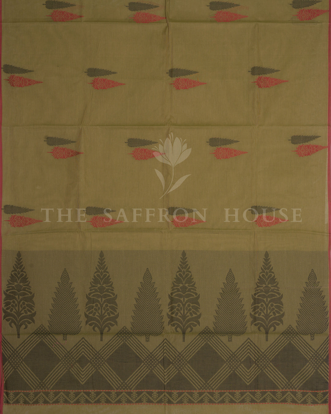 Olive Green And Coral Handwoven Cotton Saree – The Saffron House