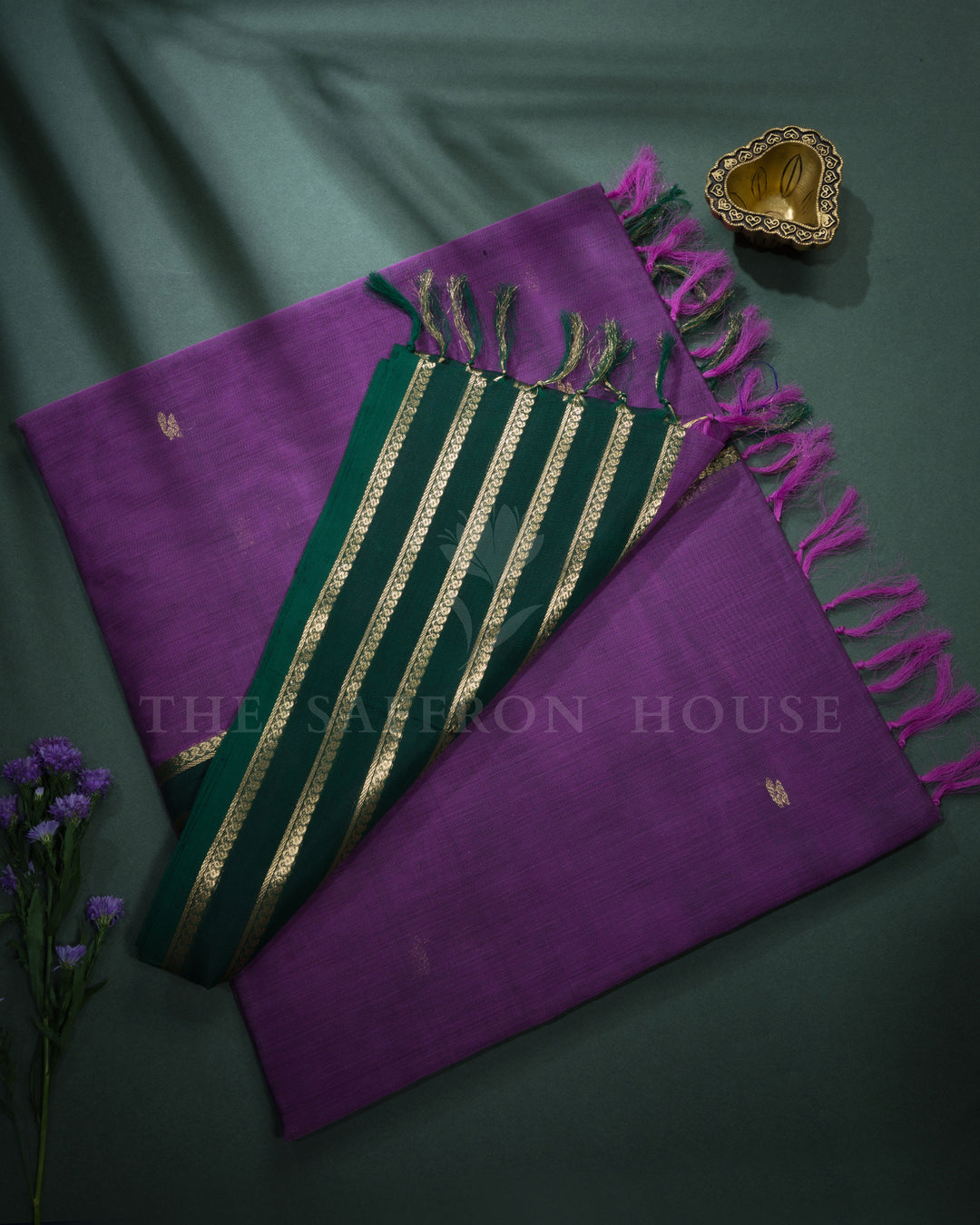 Violet And Bottle Green Handwoven Silk Cotton Saree – The Saffron House