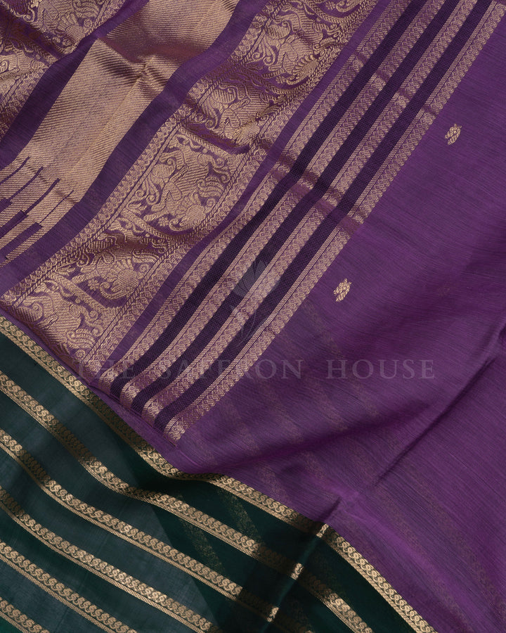 Violet And Bottle Green Handwoven Silk Cotton Saree – The Saffron House