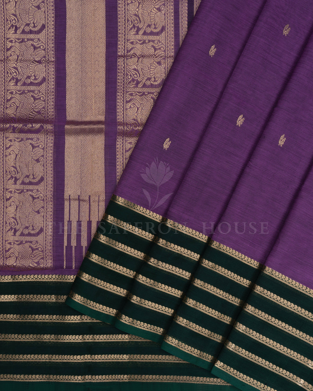 Violet And Bottle Green Handwoven Silk Cotton Saree – The Saffron House