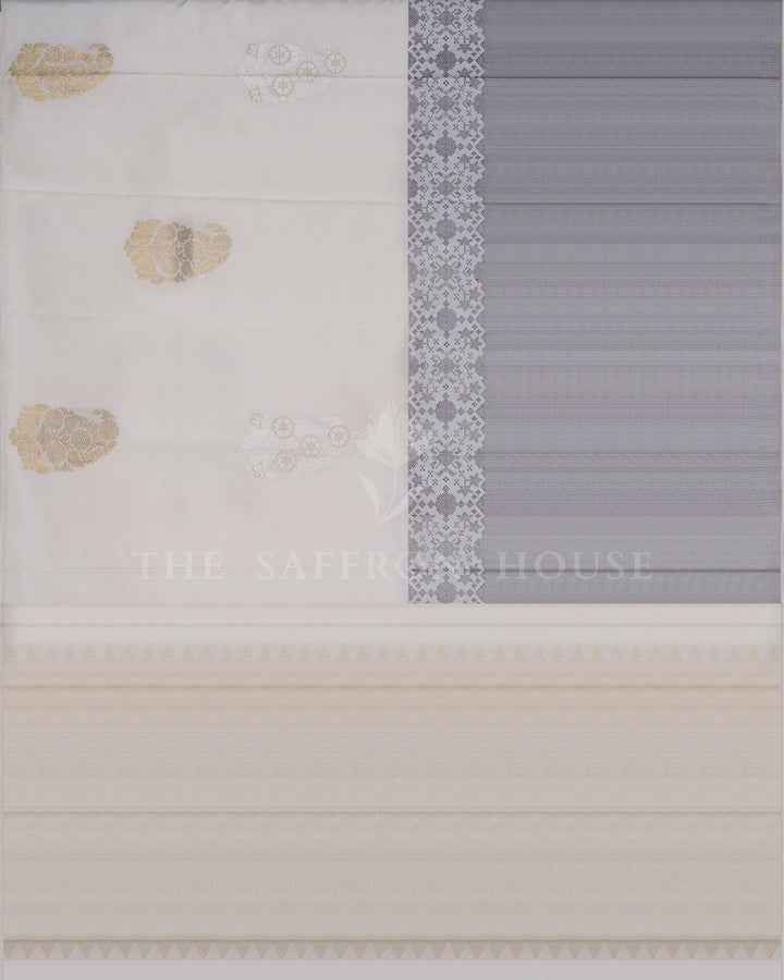 Pure White And Slate Grey Kanjivaram Silk Saree – The Saffron House