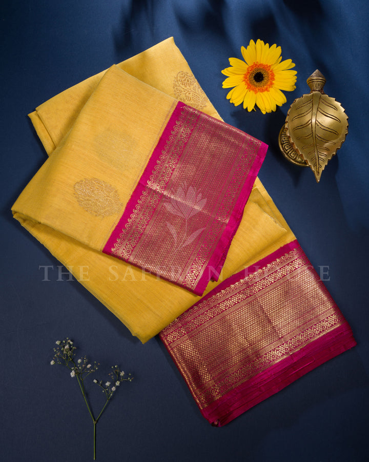 Yellow And Rani Pink Kanjivaram Silk Saree – The Saffron House