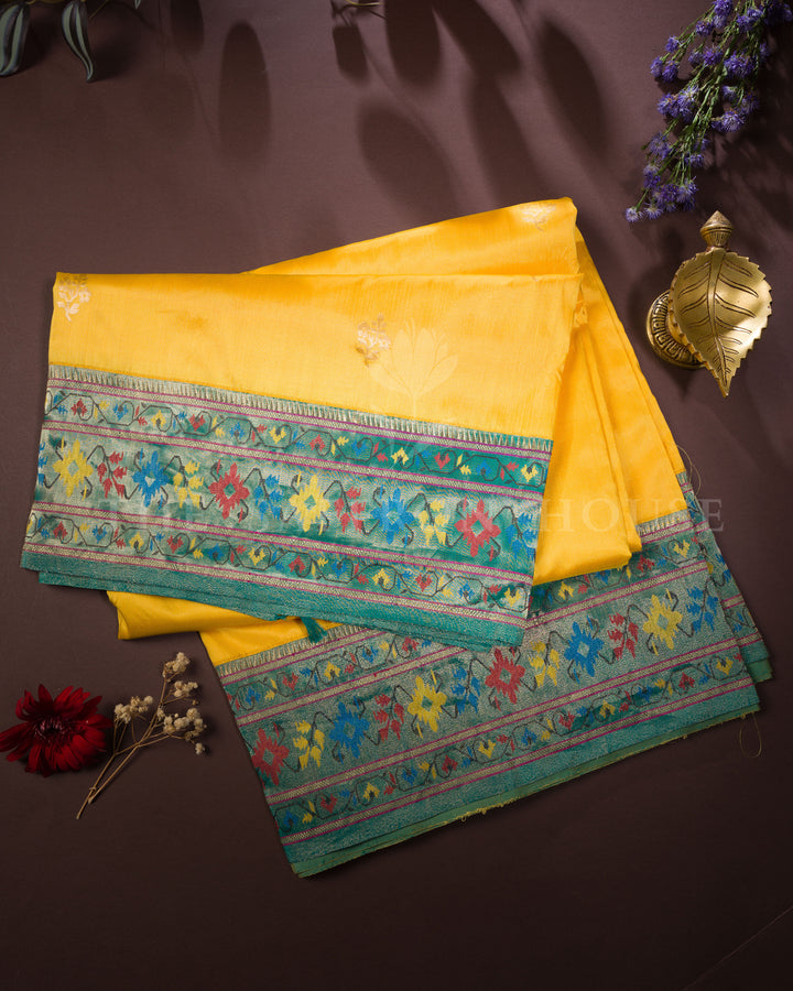Yellow And Green Katan Banarasi Silk Saree – The Saffron House