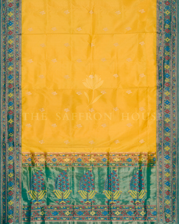 Yellow And Green Katan Banarasi Silk Saree – The Saffron House