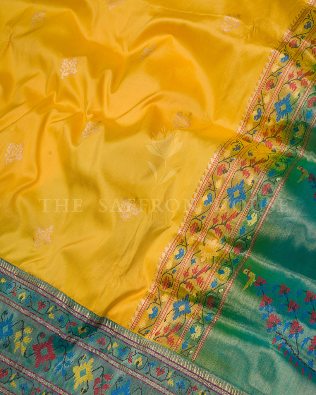 Yellow And Green Katan Banarasi Silk Saree – The Saffron House